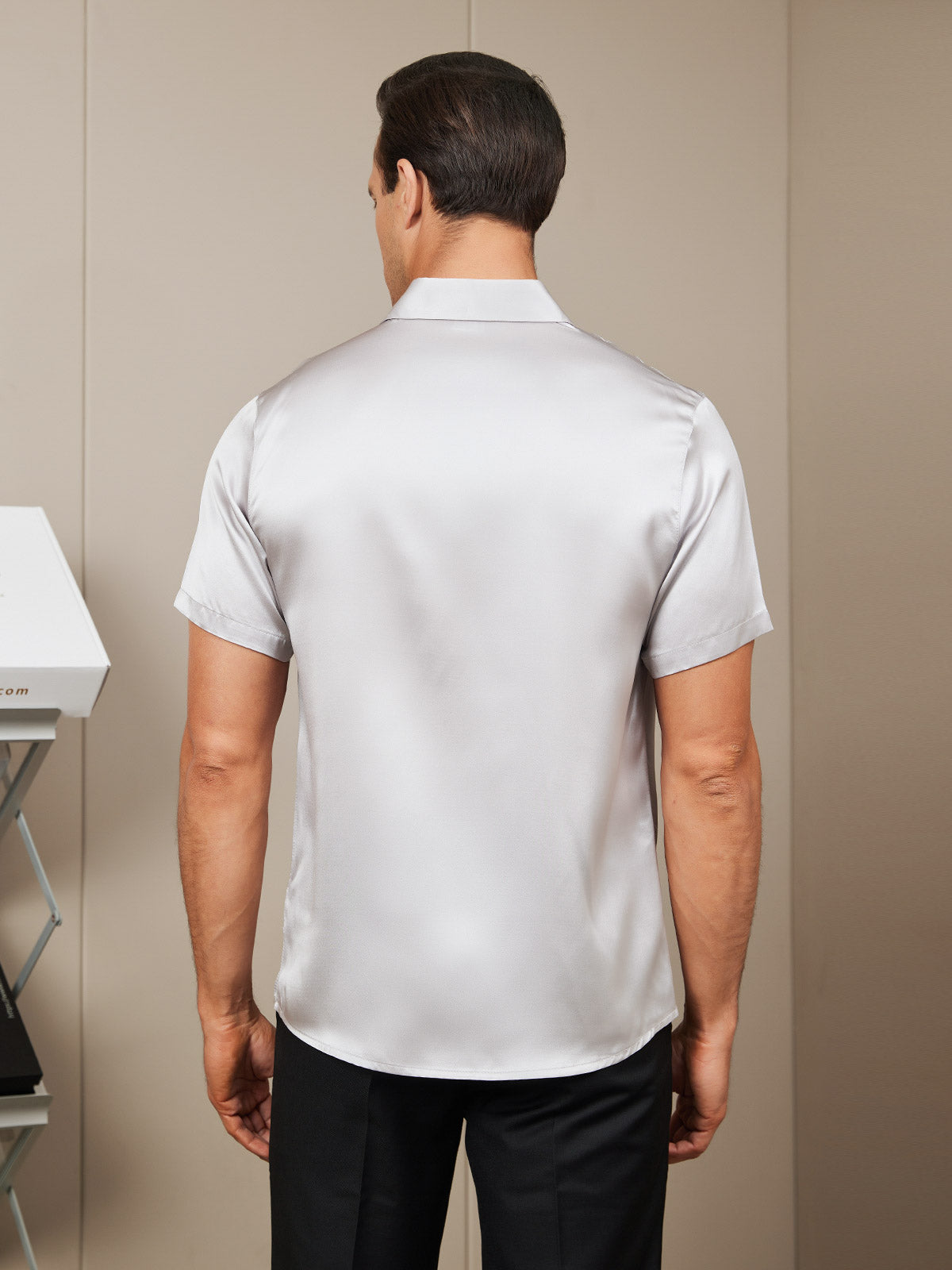 [Silver] SilkSilky-AU Silk Short Sleeve Collar Men's Shirt 002