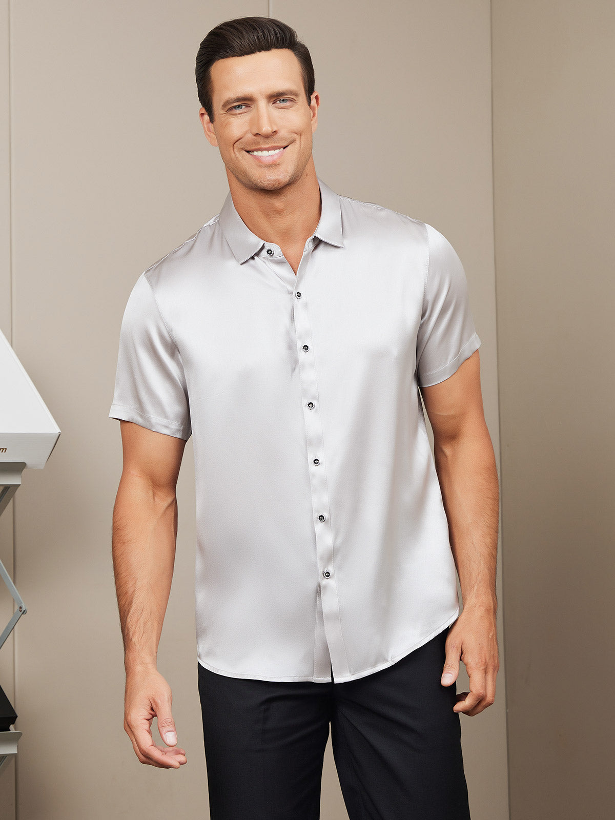[Silver] SilkSilky-AU Silk Short Sleeve Collar Men's Shirt 004