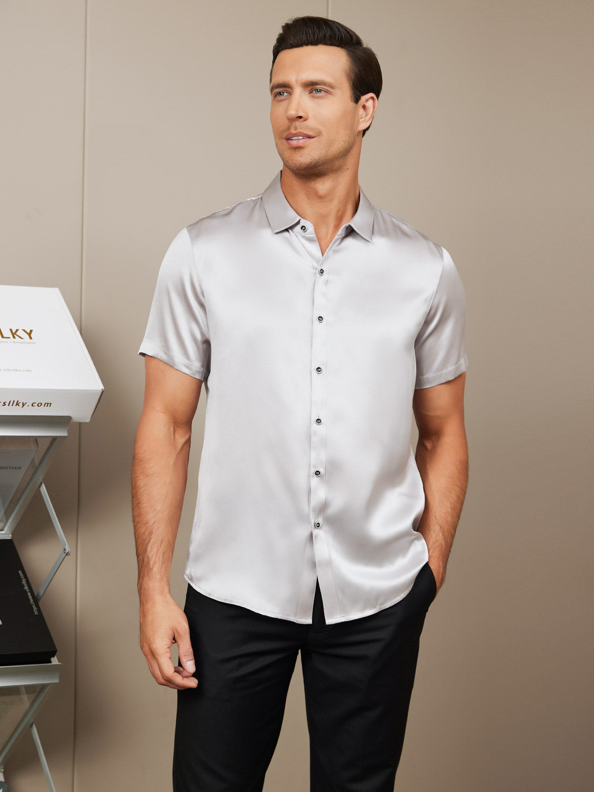 [Silver] SilkSilky-AU Silk Short Sleeve Collar Men's Shirt 005