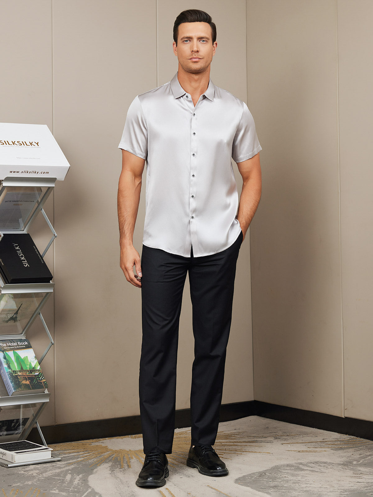 [Silver] SilkSilky-AU Silk Short Sleeve Collar Men's Shirt 007