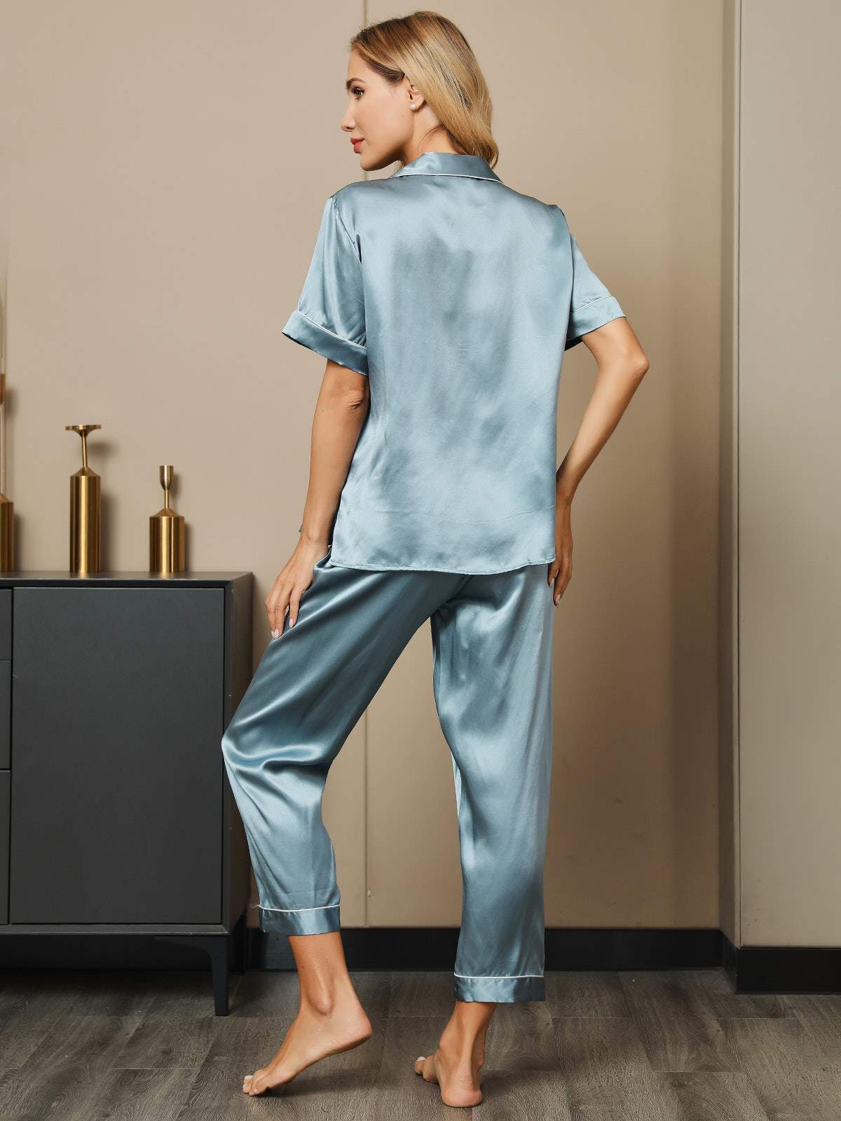 [Steel Blue] SilkSilky-AU Pure Silk Short Sleeve Lapel Women's Pyjamas 002