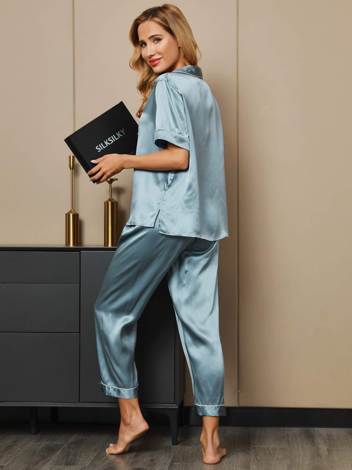 [Steel Blue] SilkSilky-AU Pure Silk Short Sleeve Lapel Women's Pyjamas 005