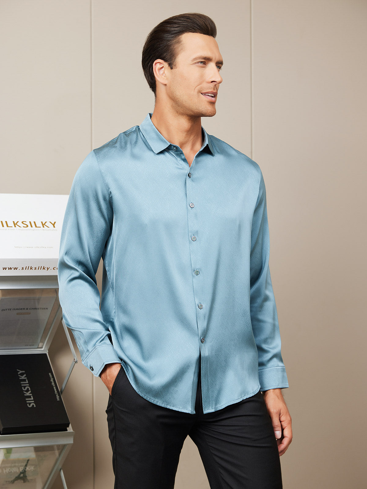 [Steel Blue] SilkSilky-AU Silk Long Sleeve Collar Men's Shirt 001