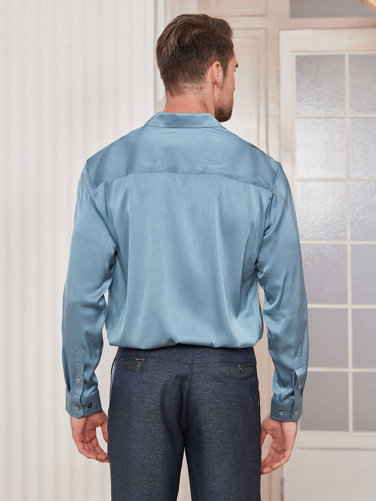 [Steel Blue] SilkSilky-AU Silk Long Sleeve Collar Men's Shirt 002