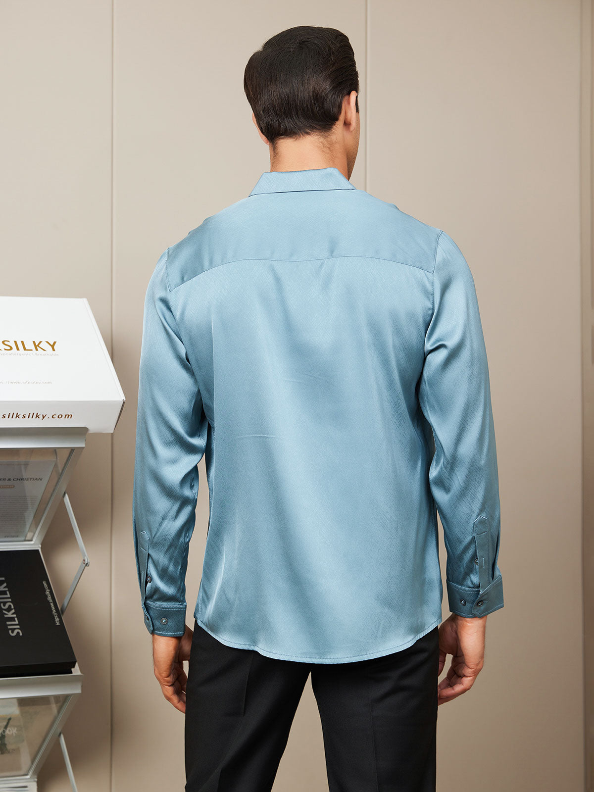 [Steel Blue] SilkSilky-AU Silk Long Sleeve Collar Men's Shirt 002