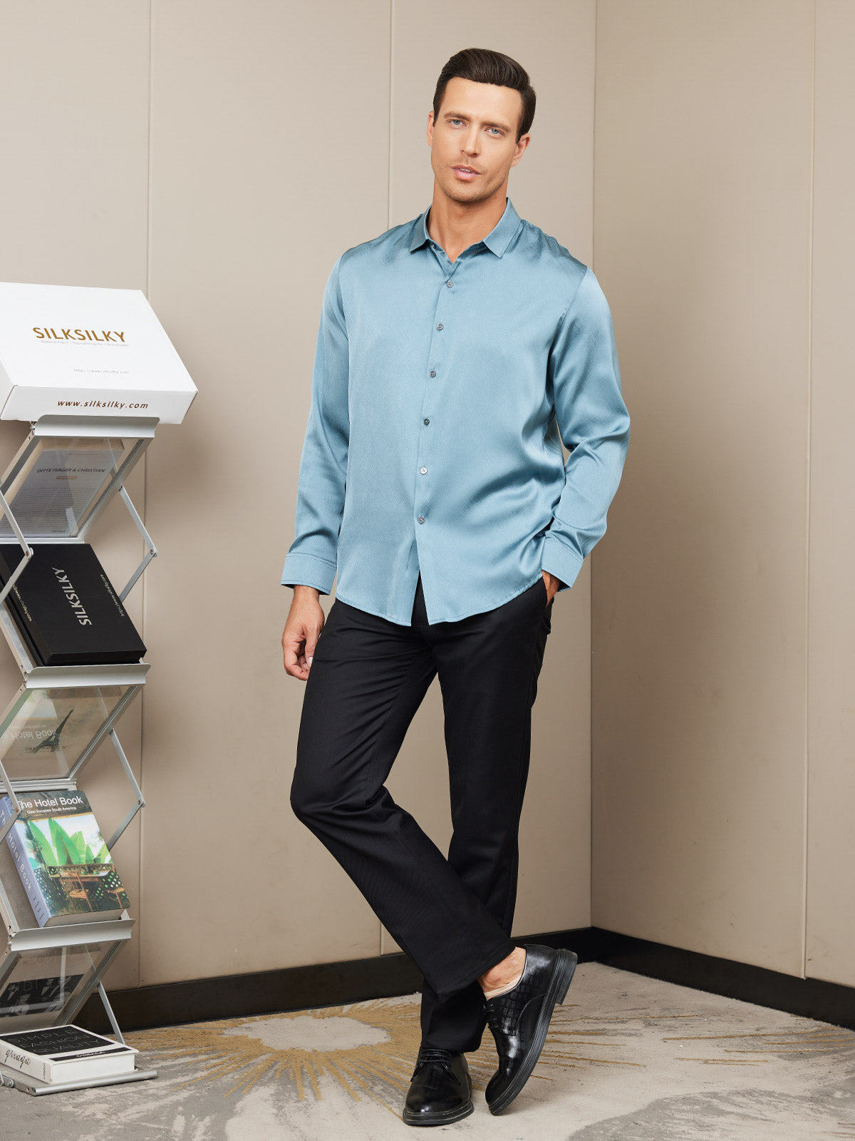[Steel Blue] SilkSilky-AU Silk Long Sleeve Collar Men's Shirt 005