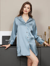[Steel Blue] SilkSilky-AU Long Sleeve Notch Collar Nightshirt 001