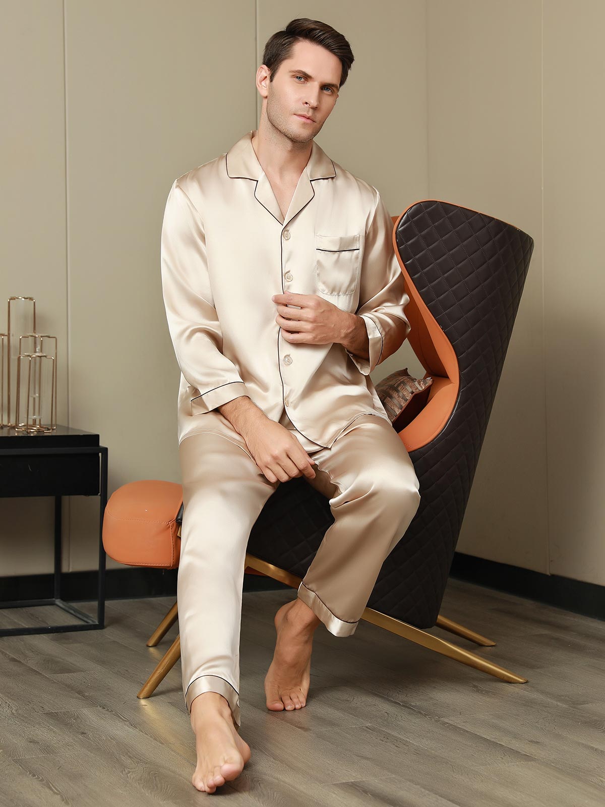 [Tan] SilkSilky-AU Pure Silk Long Sleeve Lapel Men's Pyjamas 001