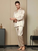 [Tan] SilkSilky-AU Pure Silk Long Sleeve Lapel Men's Pyjamas 002