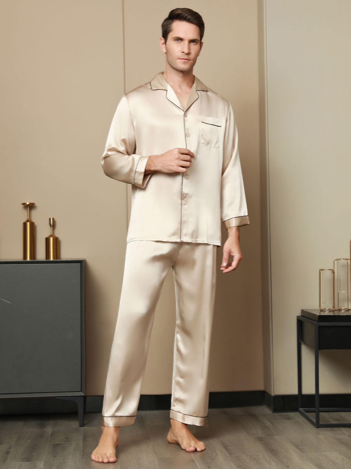 [Tan] SilkSilky-AU Pure Silk Long Sleeve Lapel Men's Pyjamas 003