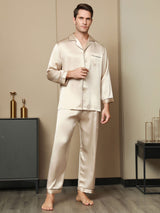 [Tan] SilkSilky-AU Pure Silk Long Sleeve Lapel Men's Pyjamas 003