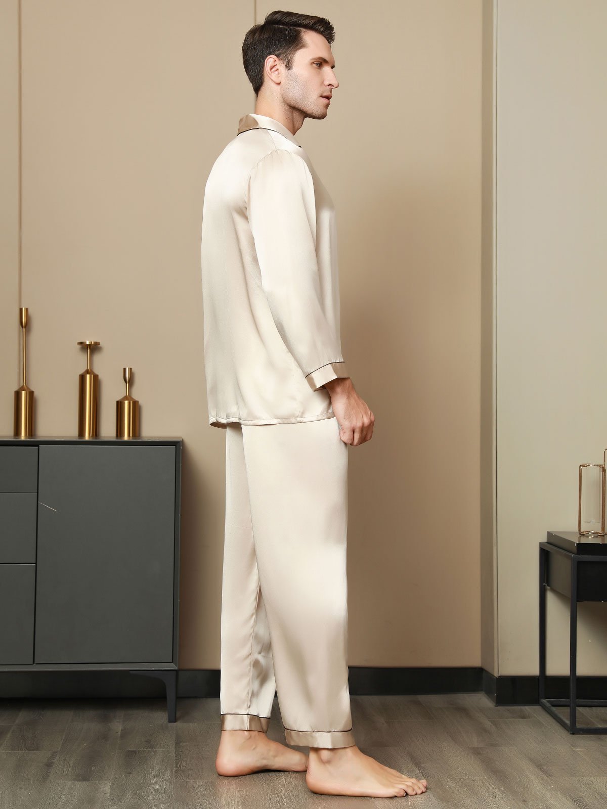 [Tan] SilkSilky-AU Pure Silk Long Sleeve Lapel Men's Pyjamas 004