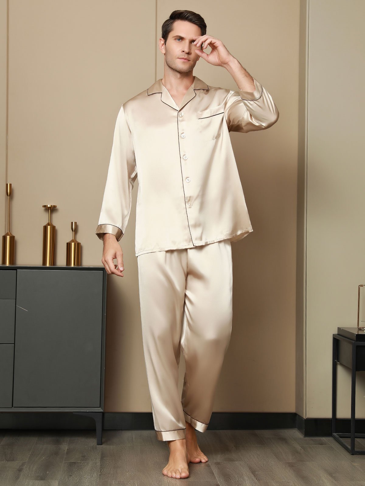 [Tan] SilkSilky-AU Pure Silk Long Sleeve Lapel Men's Pyjamas 005