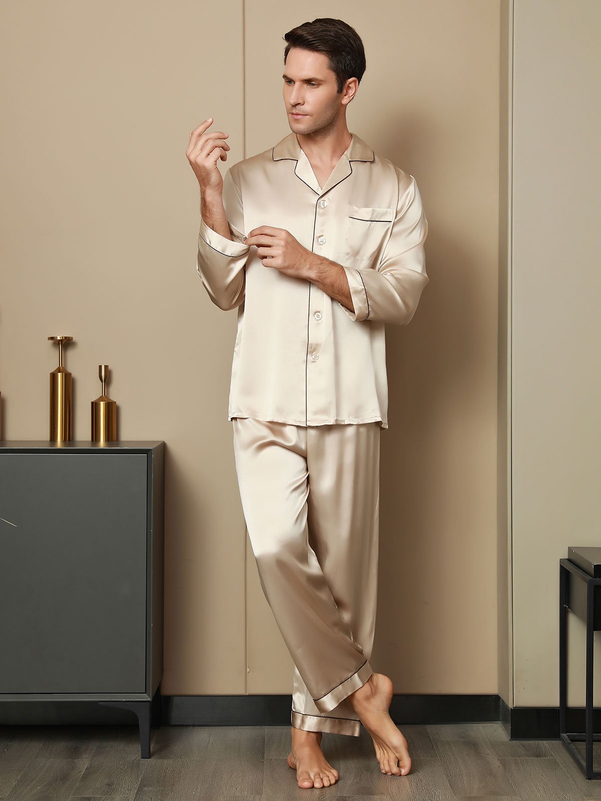 [Tan] SilkSilky-AU Pure Silk Long Sleeve Lapel Men's Pyjamas 006