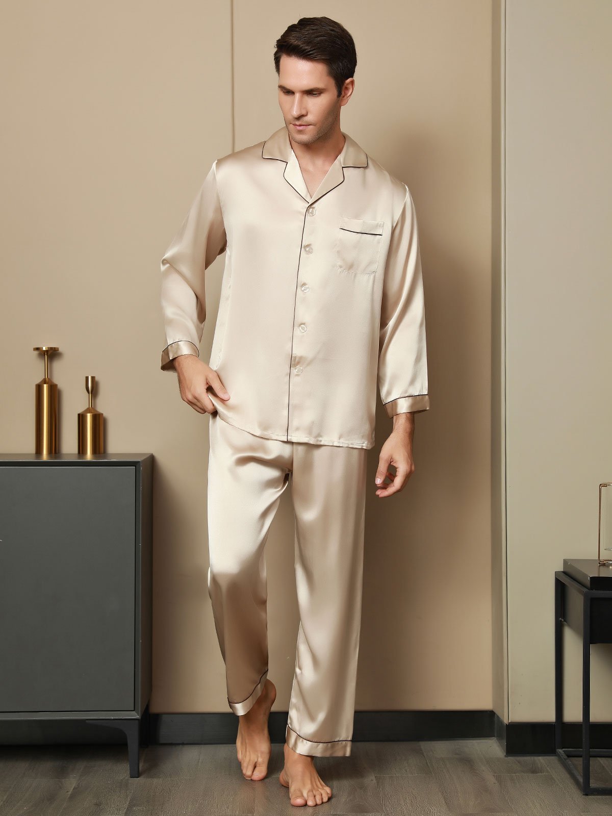 [Tan] SilkSilky-AU Pure Silk Long Sleeve Lapel Men's Pyjamas 007