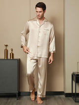 [Tan] SilkSilky-AU Pure Silk Long Sleeve Lapel Men's Pyjamas 007