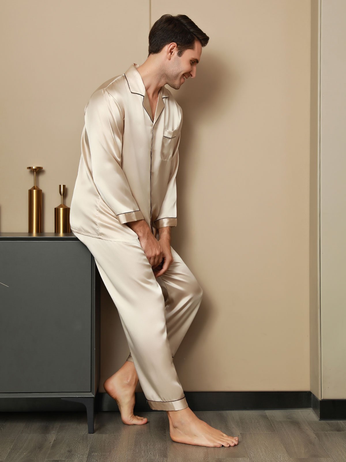 [Tan] SilkSilky-AU Pure Silk Long Sleeve Lapel Men's Pyjamas 008