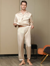 [Tan] SilkSilky-AU Pure Silk Long Sleeve Lapel Men's Pyjamas 010