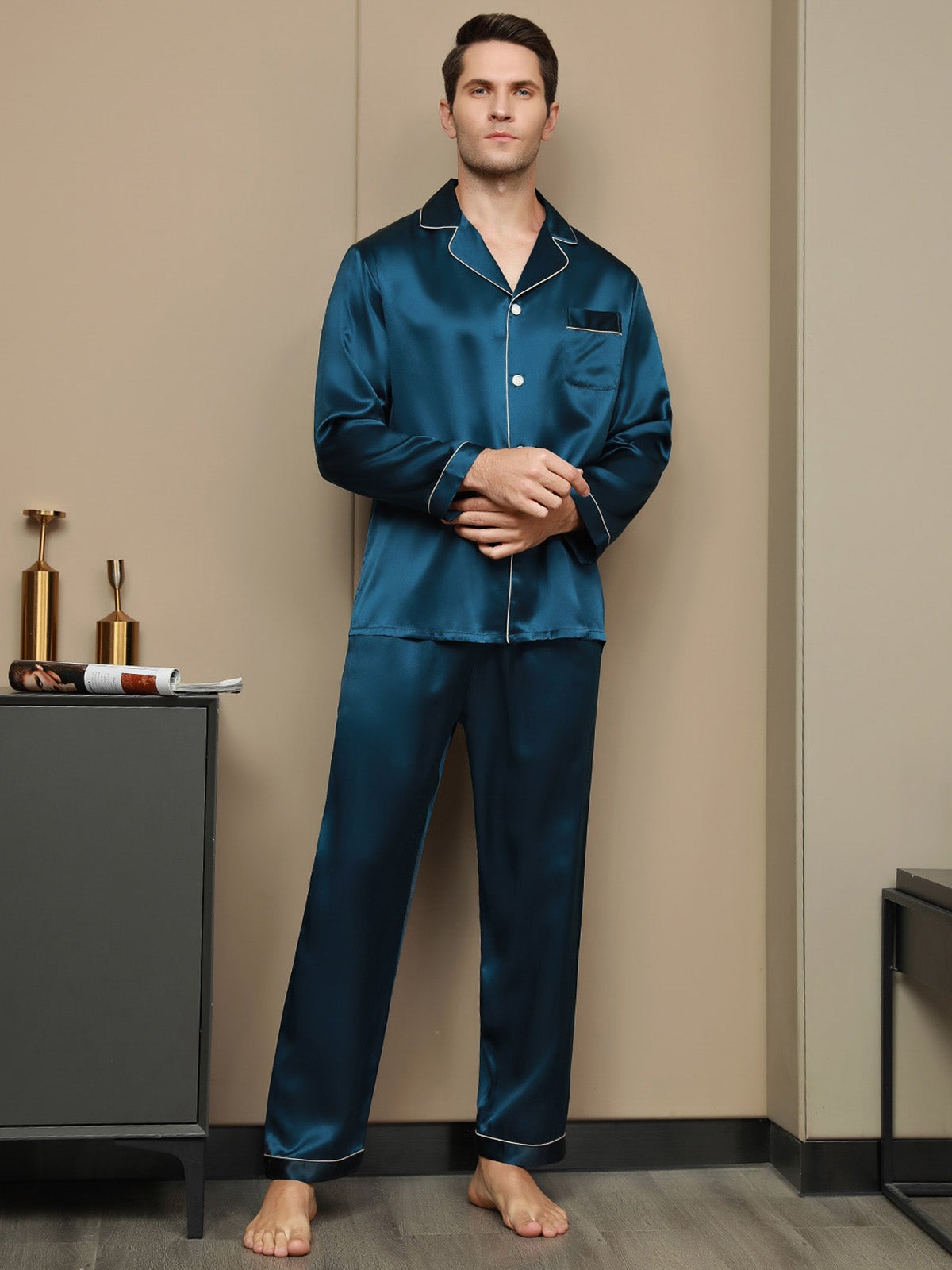 [Teal] SilkSilky-AU 19Momme Pure Silk Long Sleeve Lapel Men's Pyjamas 001