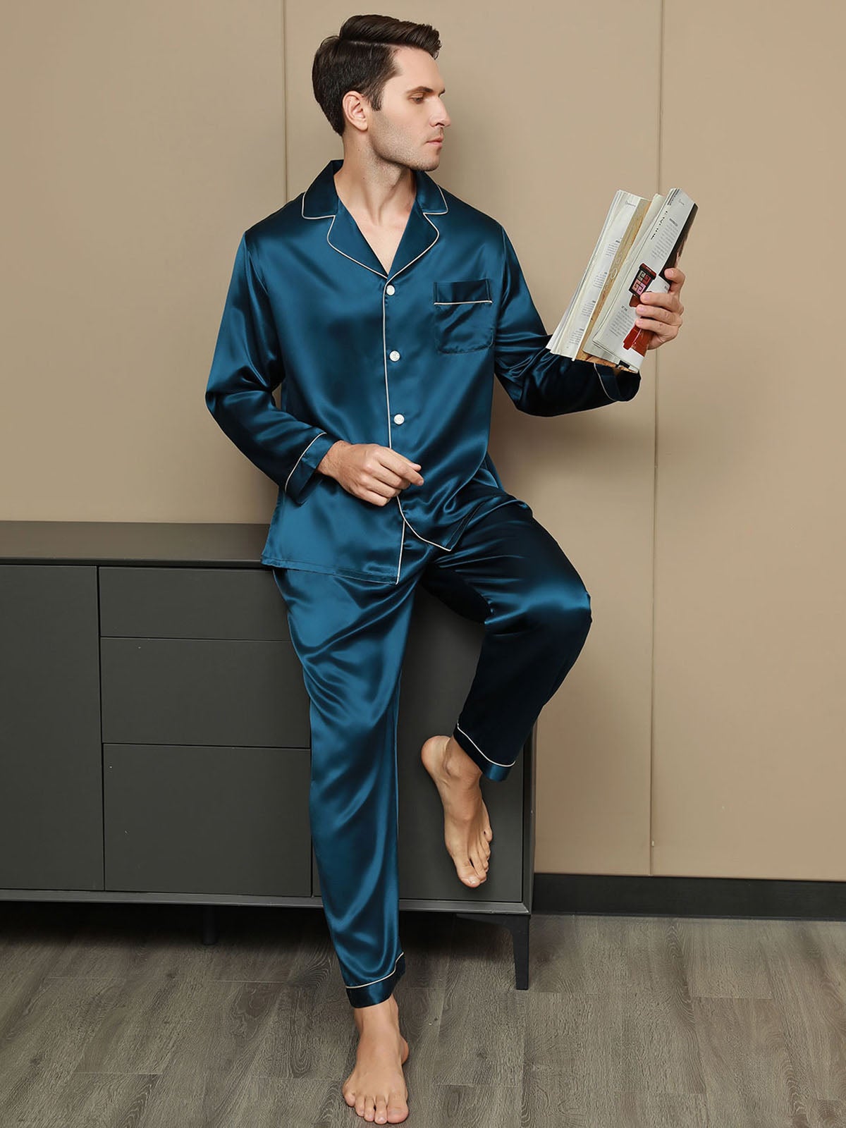 [Teal] SilkSilky-AU 19Momme Pure Silk Long Sleeve Lapel Men's Pyjamas 003