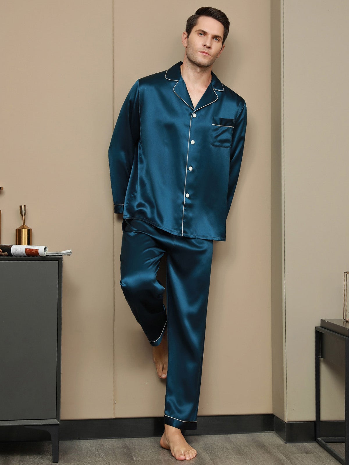 [Teal] SilkSilky-AU 19Momme Pure Silk Long Sleeve Lapel Men's Pyjamas 004