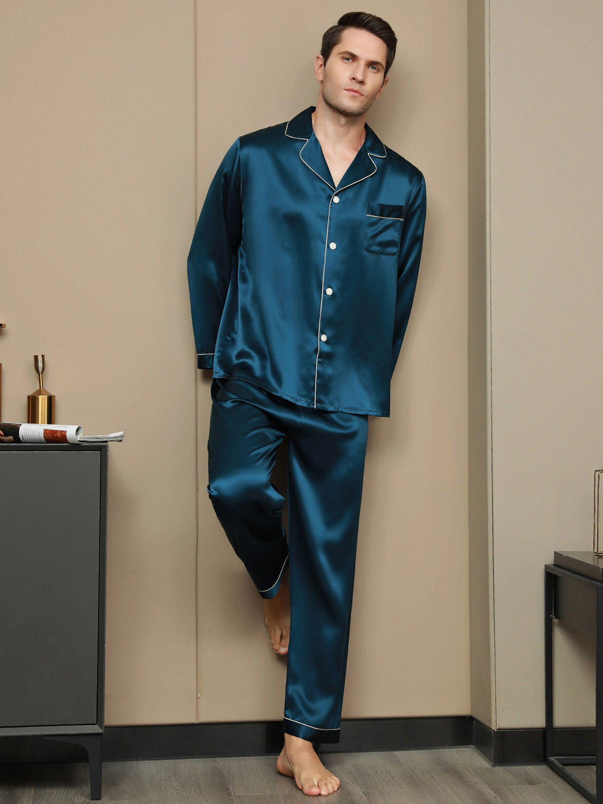 [Teal] SilkSilky-AU 19Momme Pure Silk Long Sleeve Lapel Men's Pyjamas 004