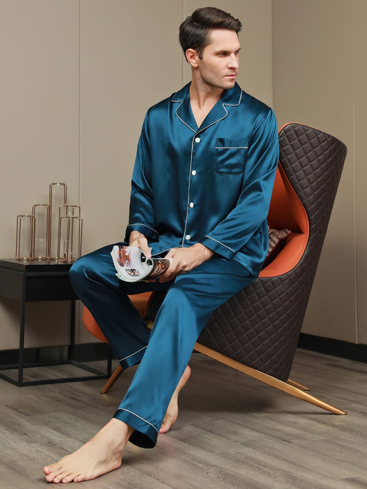 [Teal] SilkSilky-AU 19Momme Pure Silk Long Sleeve Lapel Men's Pyjamas 007
