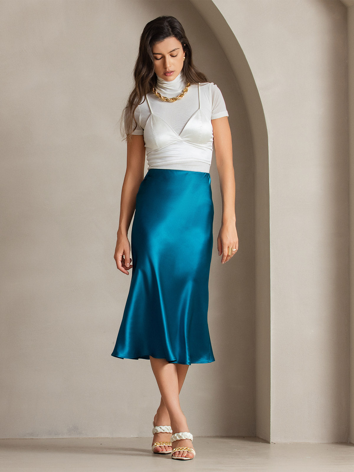 [Teal] SilkSilky-AU 19Momme Pure Silk Skirt 005