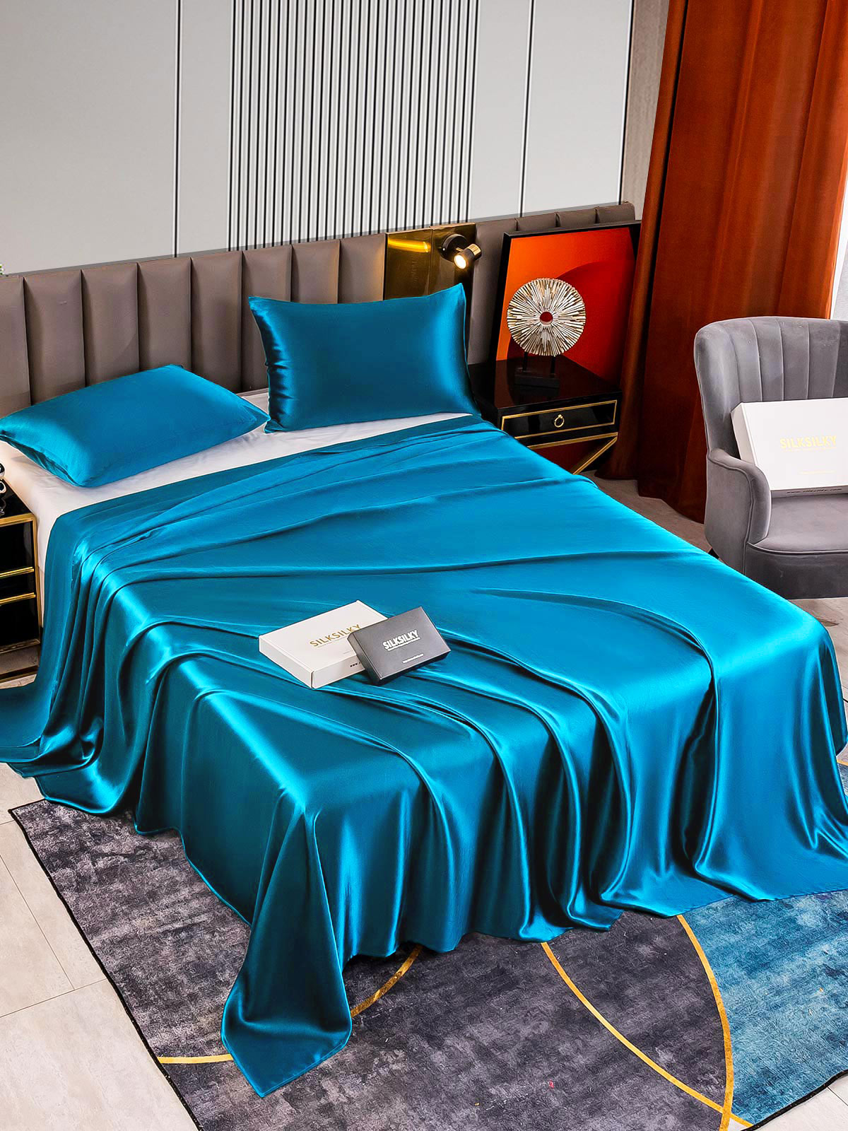 [Teal] SilkSilky-AU 22Momme Pure Silk Bedding Set 002