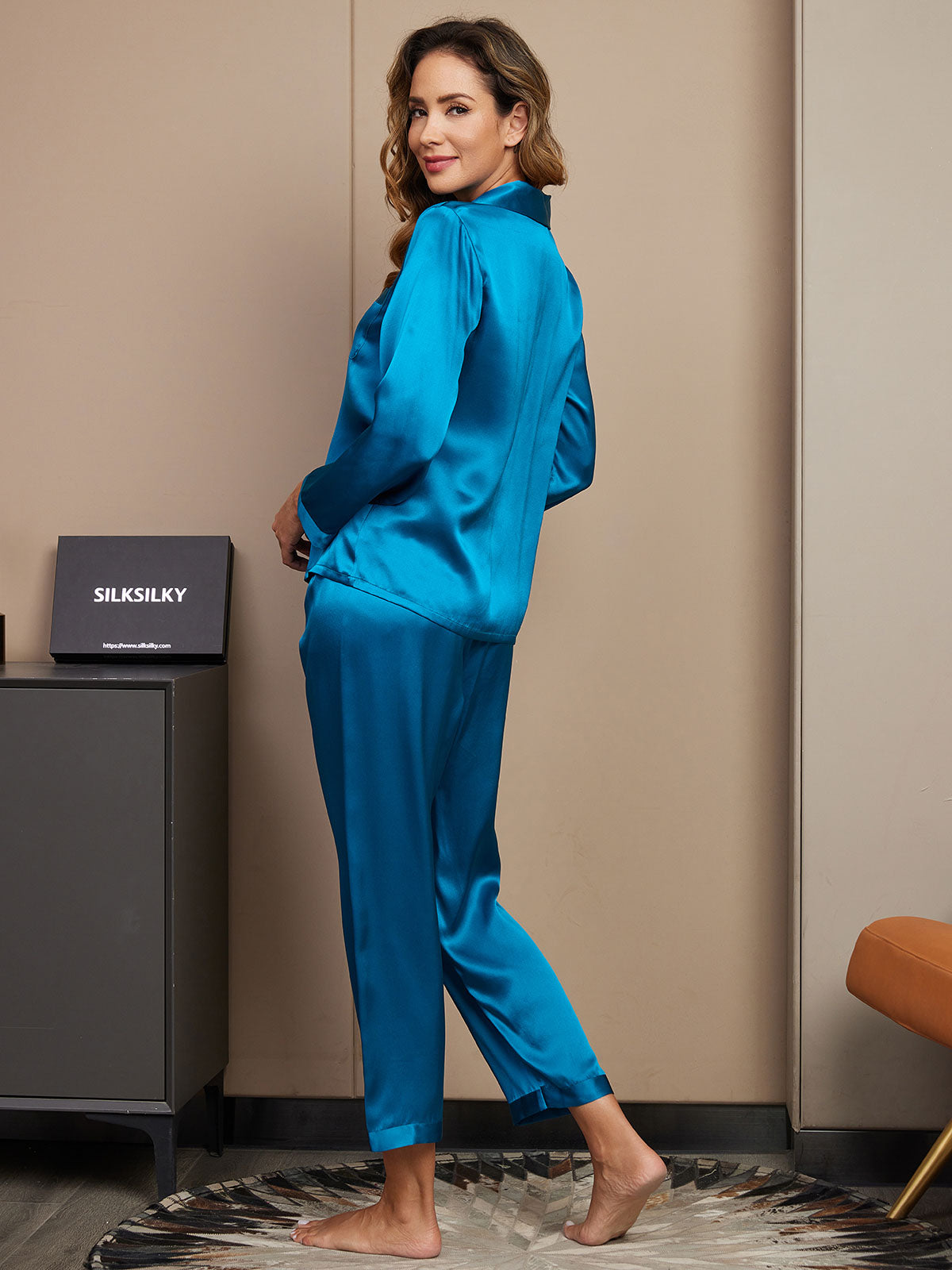 [Teal] SilkSilky-AU Pure Silk Long Sleeve Lapel Women's Pyjamas 002