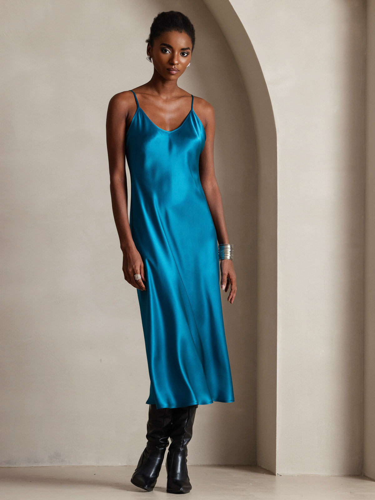 [Teal] SilkSilky-AU Pure Silk Round Neck Dress 001
