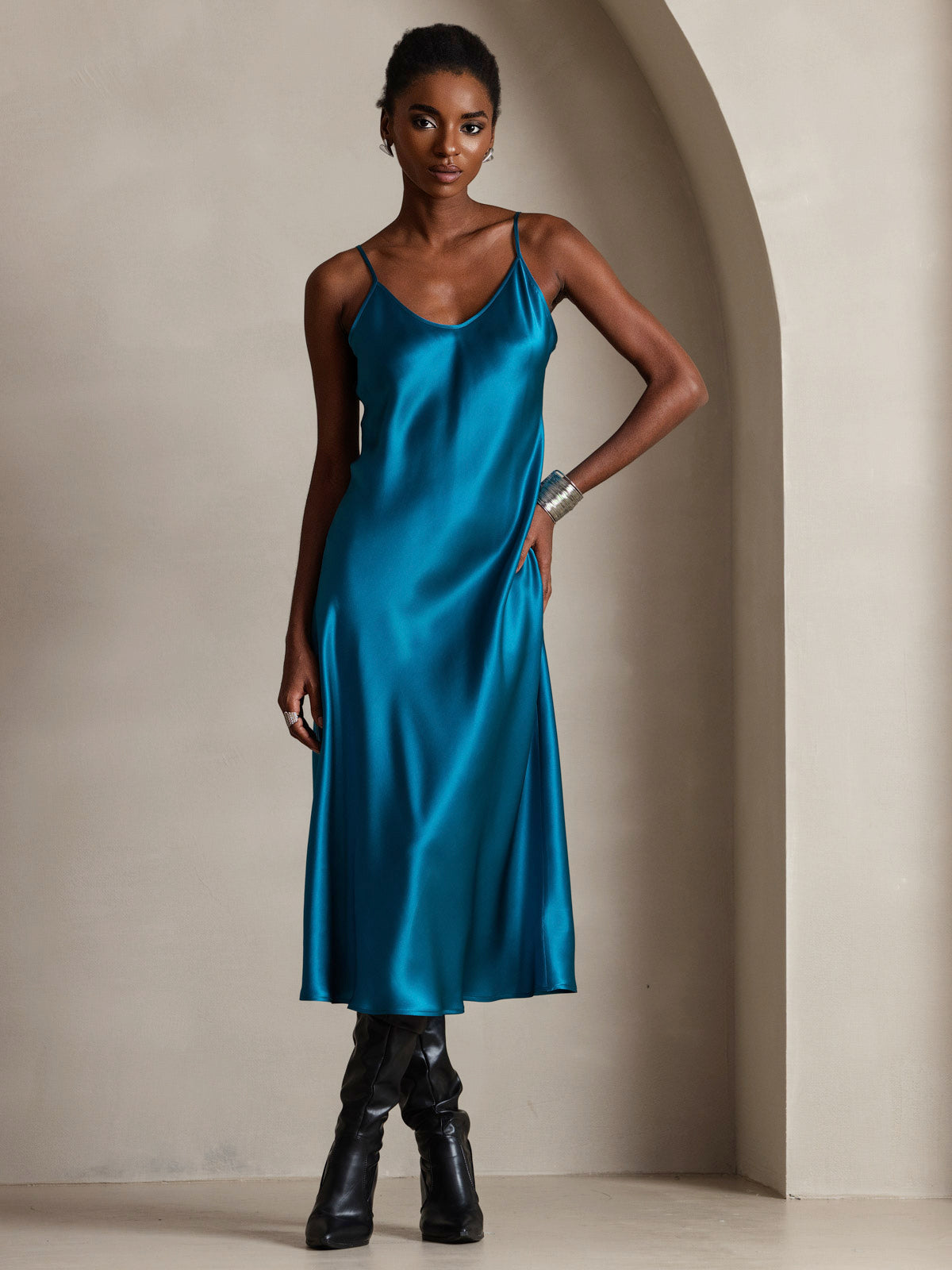[Teal] SilkSilky-AU Pure Silk Sleeveless Round Neck Dress 001