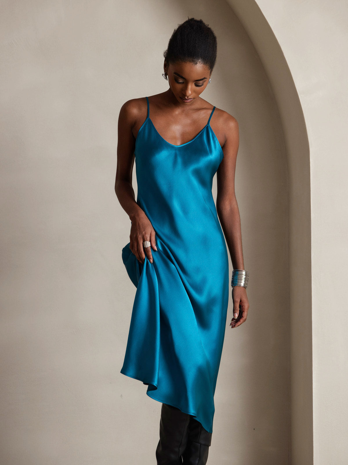[Teal] SilkSilky-AU Pure Silk Sleeveless Round Neck Dress 003