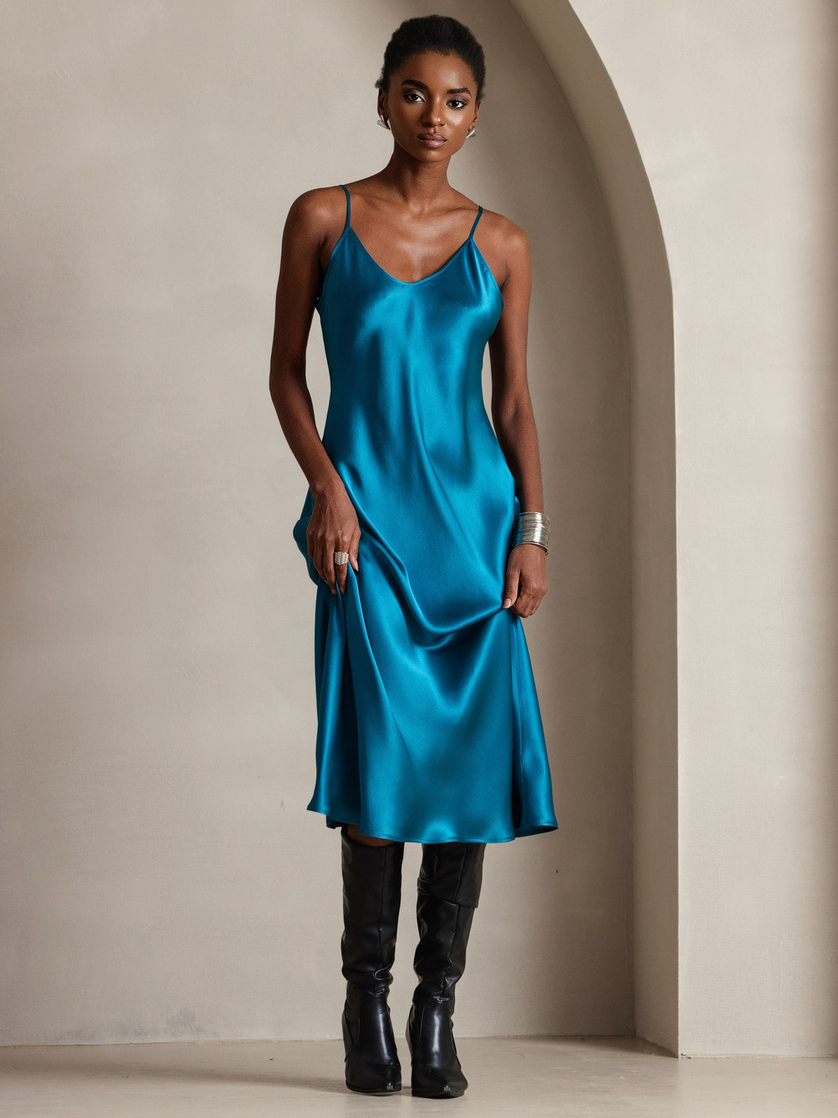 [Teal] SilkSilky-AU Pure Silk Sleeveless Round Neck Dress 004
