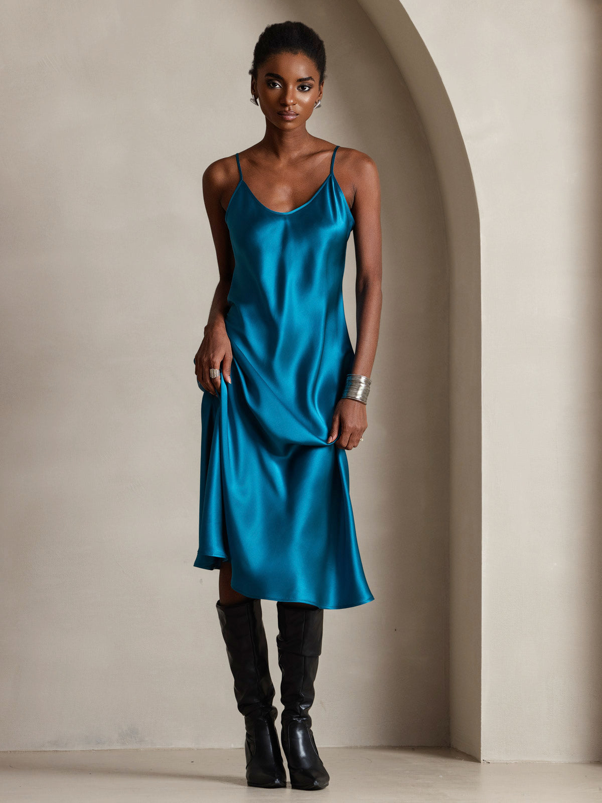 [Teal] SilkSilky-AU Pure Silk Sleeveless Round Neck Dress 004
