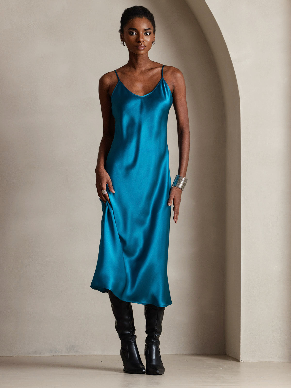 [Teal] SilkSilky-AU Pure Silk Sleeveless Round Neck Dress 005