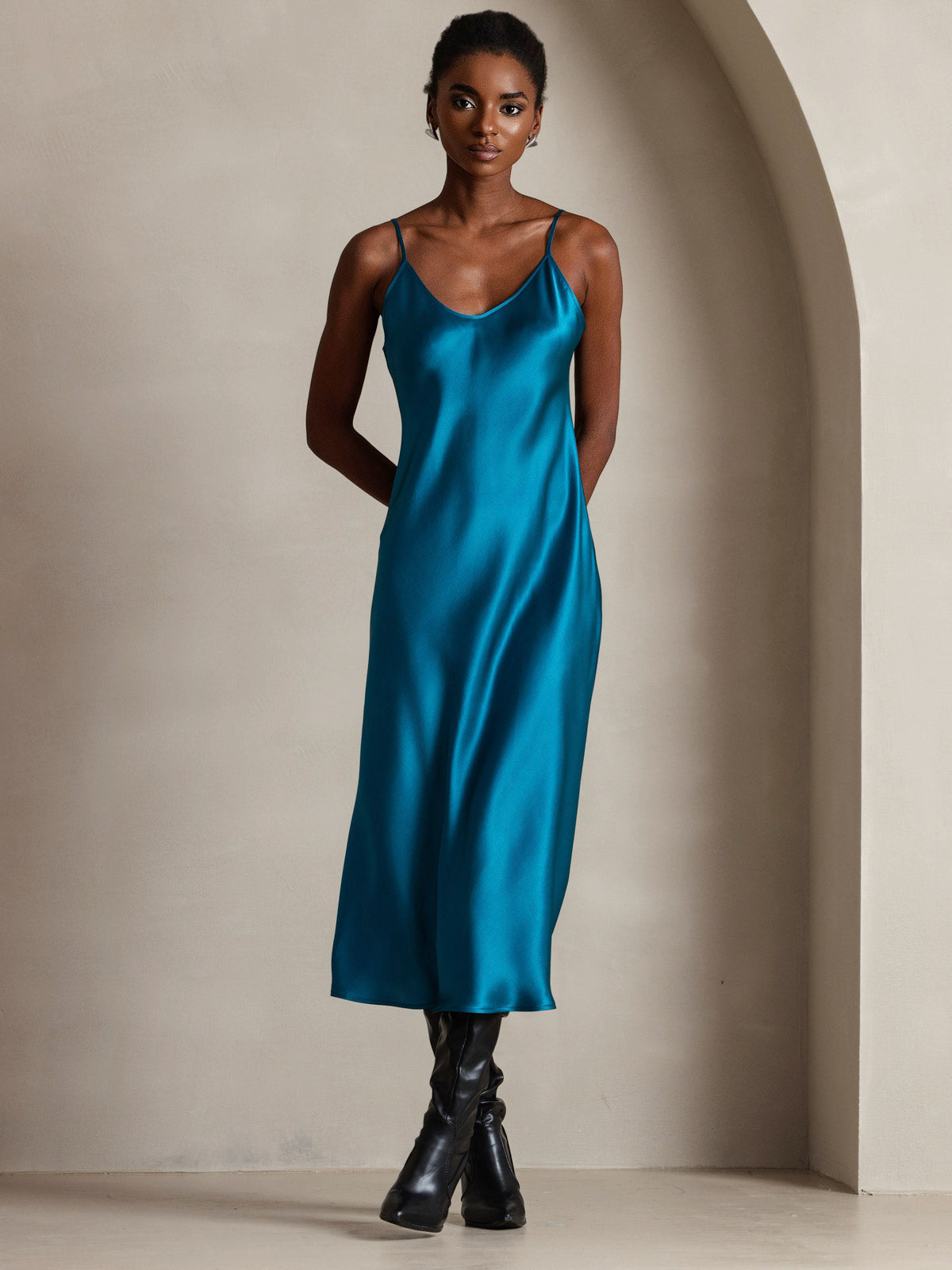 [Teal] SilkSilky-AU Pure Silk Sleeveless Round Neck Dress 005