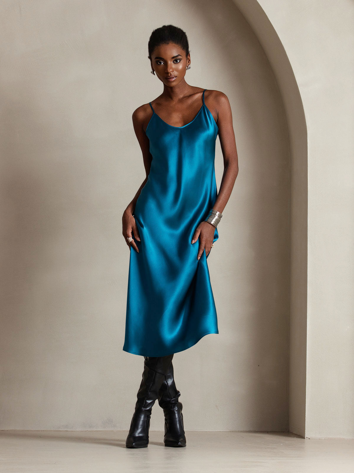[Teal] SilkSilky-AU Pure Silk Sleeveless Round Neck Dress 006