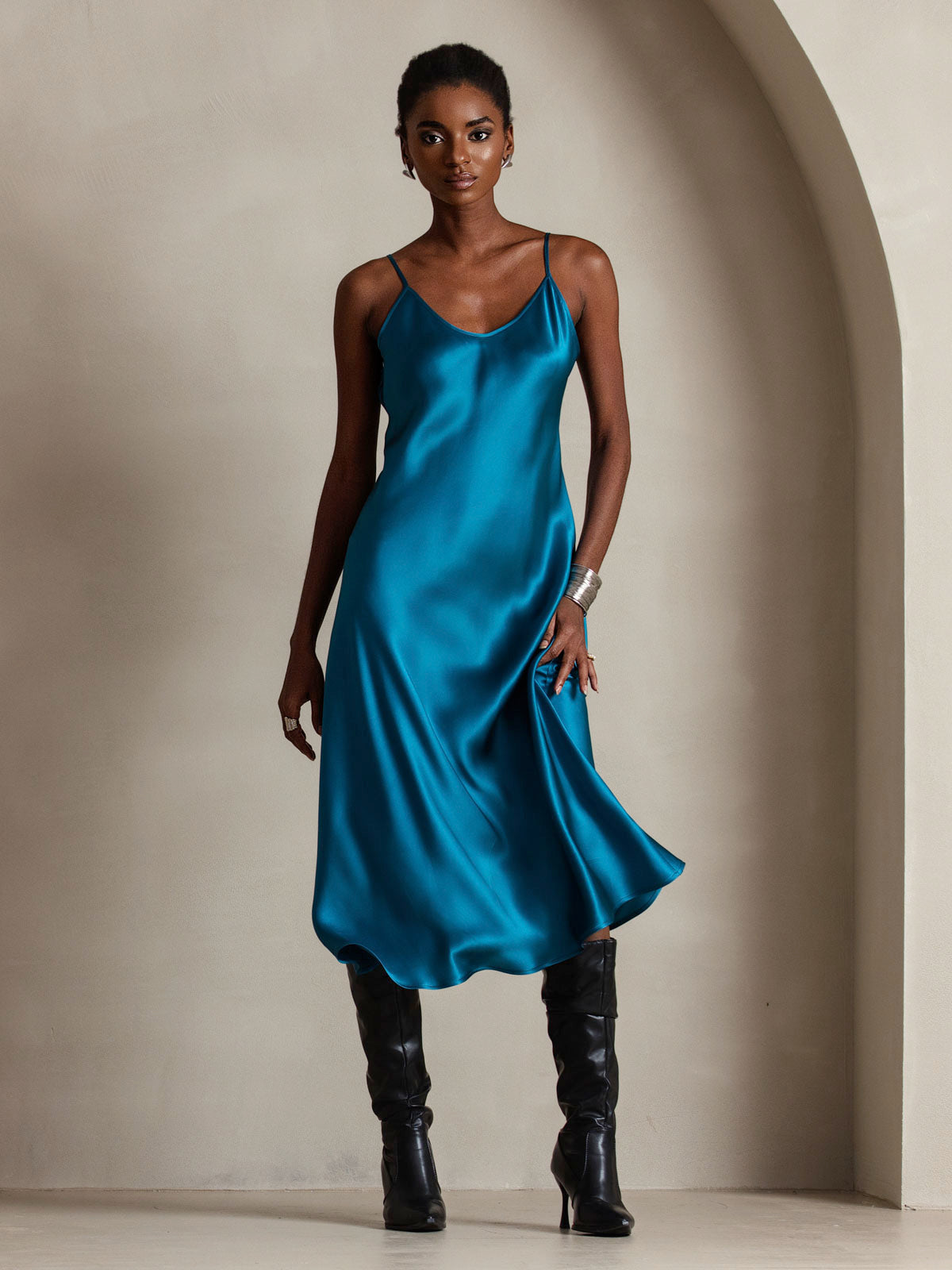 [Teal] SilkSilky-AU Pure Silk Sleeveless Round Neck Dress 006
