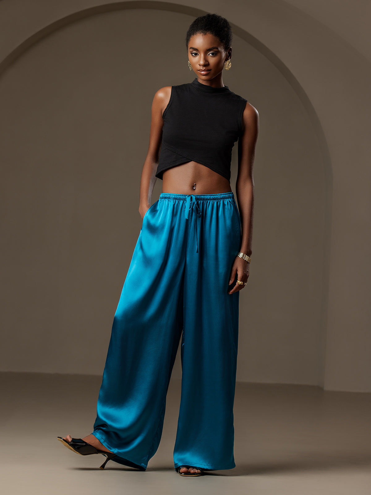 [Teal] SilkSilky-AU Pure Silk Womens Pants 004