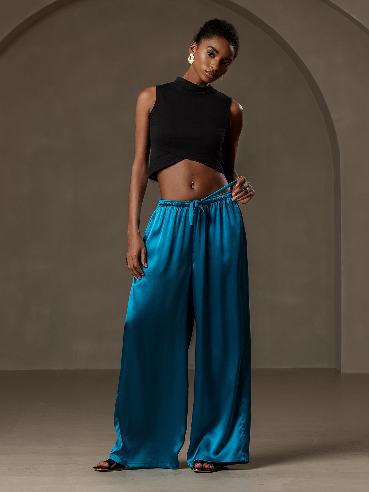 [Teal] SilkSilky-AU Pure Silk Womens Pants 005