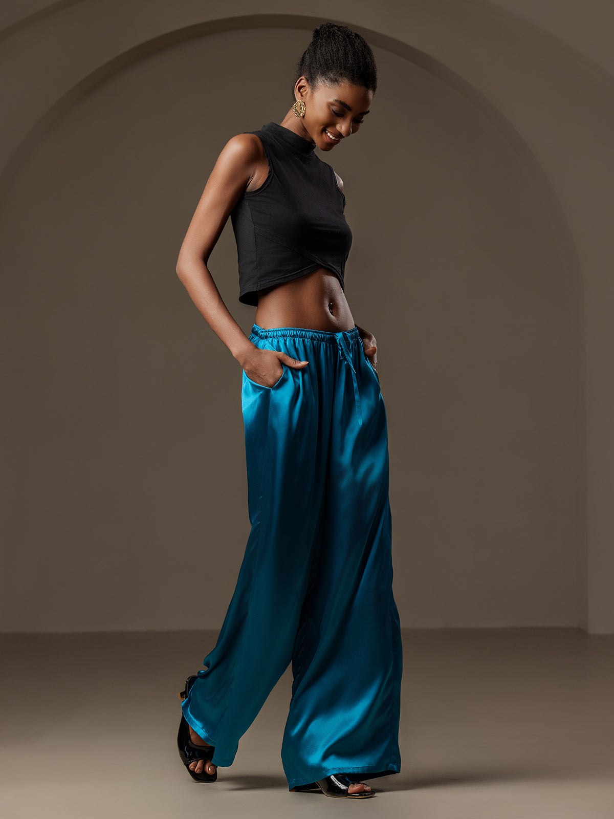 [Teal] SilkSilky-AU Pure Silk Womens Pants 006