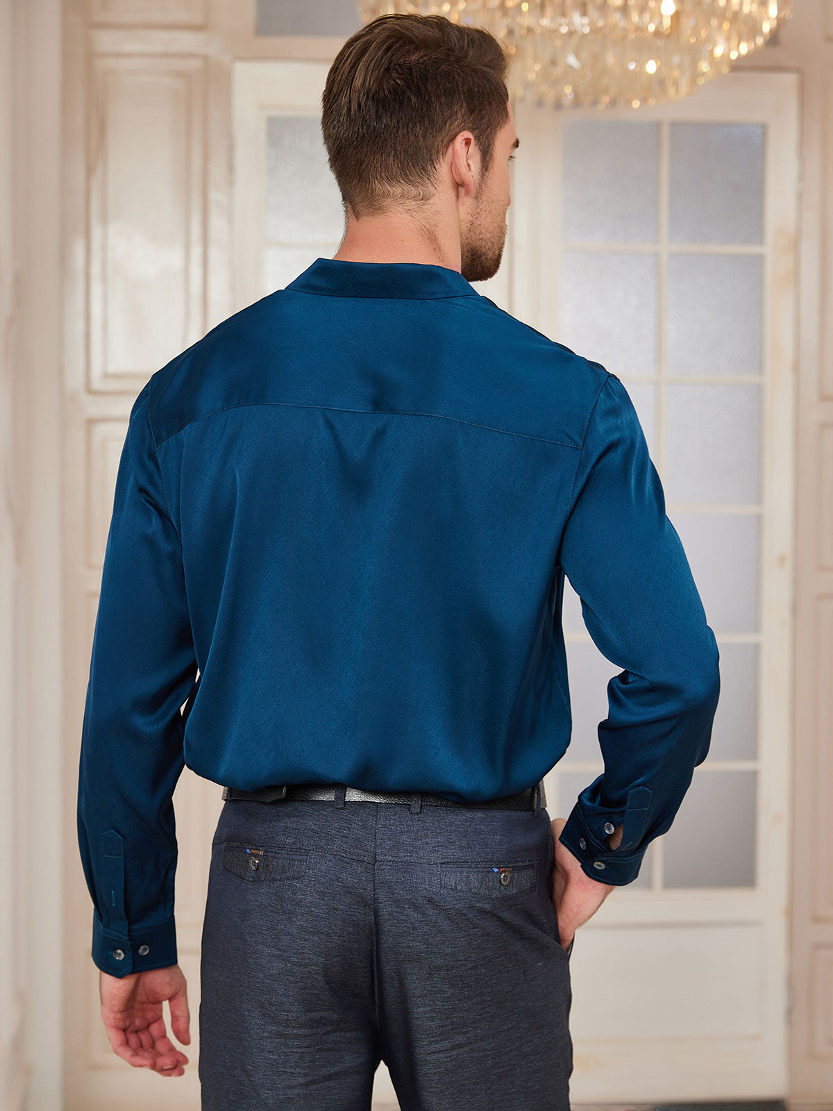 [Teal] SilkSilky-AU Silk Long Sleeve Collar Men's Shirt 002