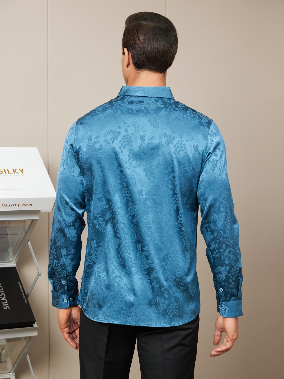 [Teal] SilkSilky-AU Silk Long Sleeve Collar Men's Shirt 003