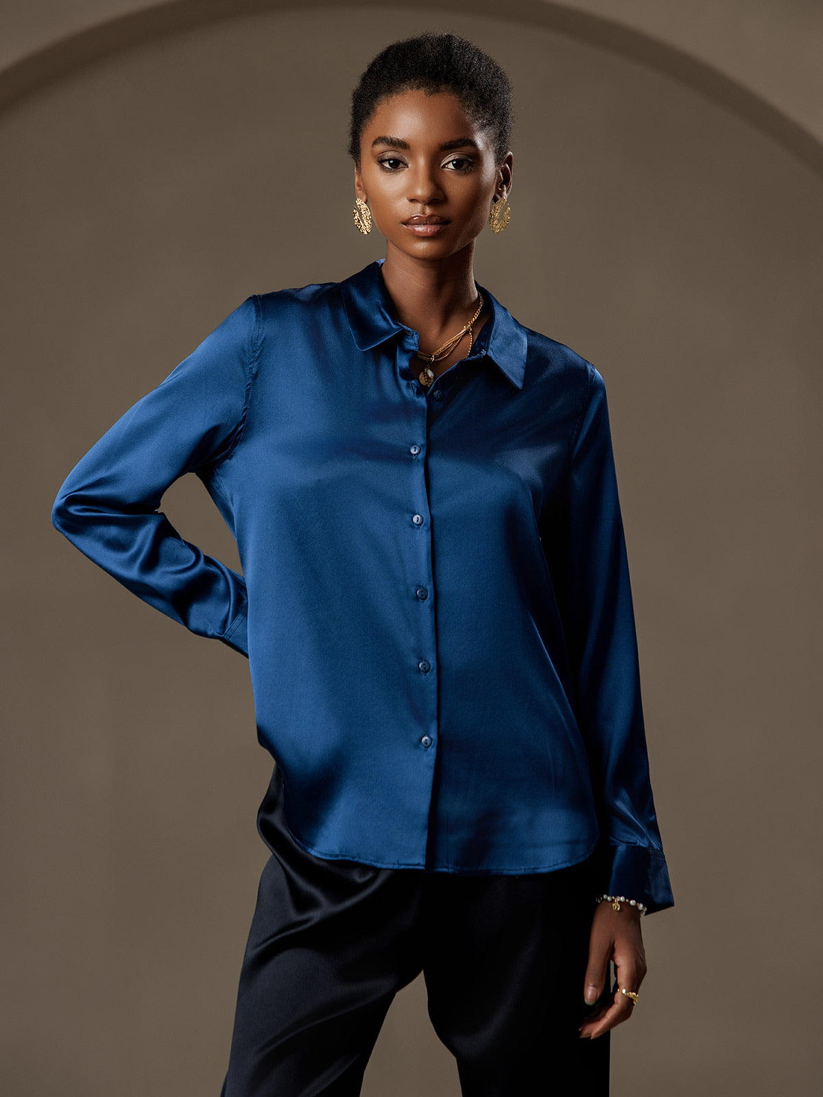 [Teal] SilkSilky-AU Silk Long Sleeve Collar Women's Shirt 001