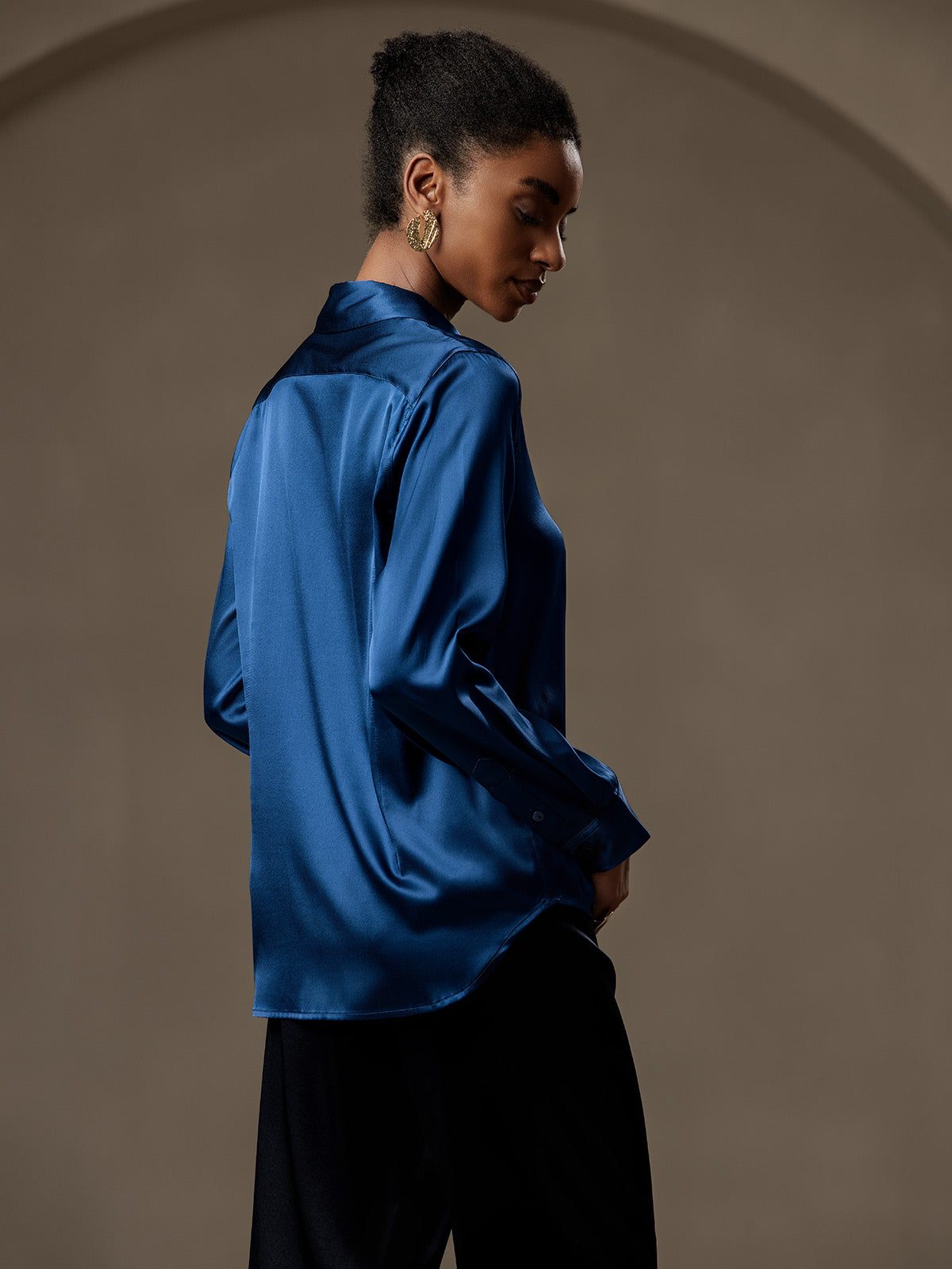 [Teal] SilkSilky-AU Silk Long Sleeve Collar Women's Shirt 002