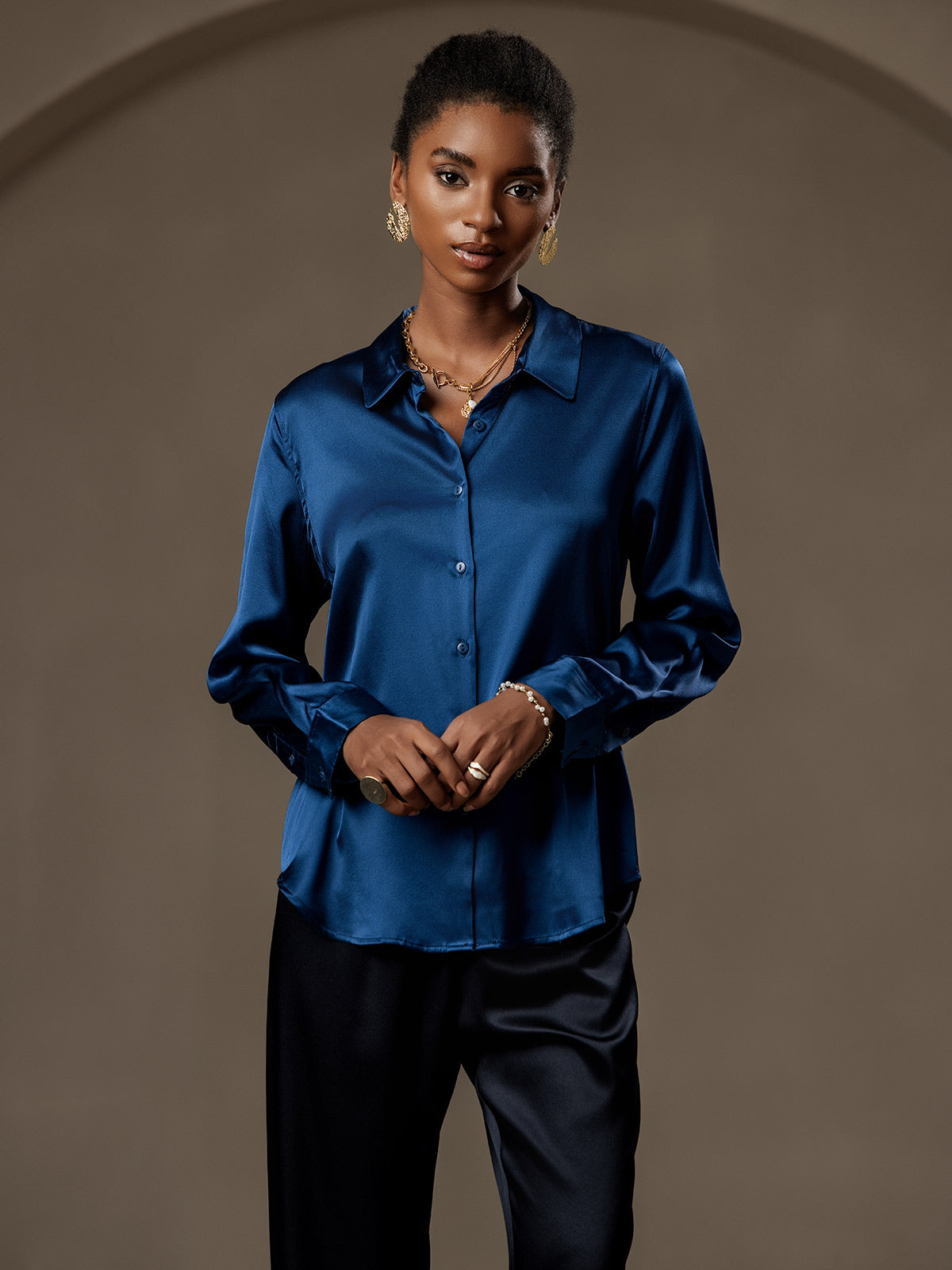 [Teal] SilkSilky-AU Silk Long Sleeve Collar Women's Shirt 003