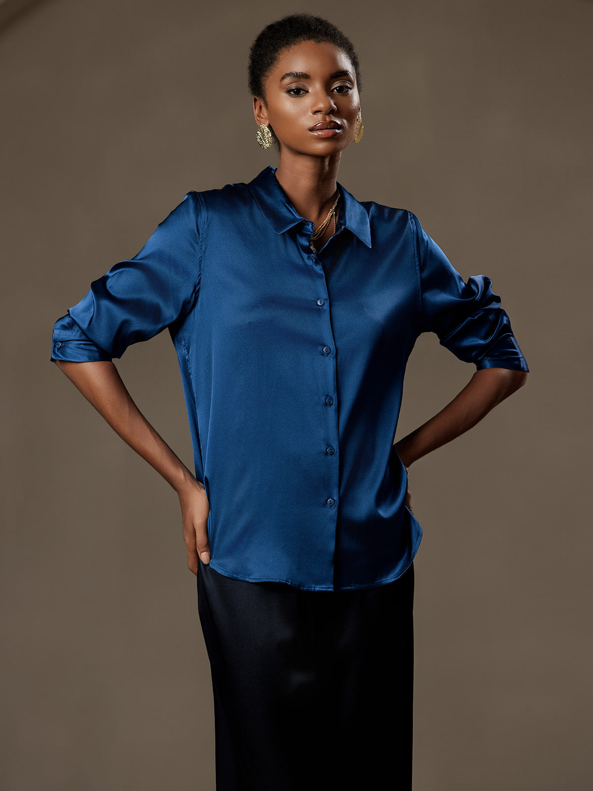 [Teal] SilkSilky-AU Silk Long Sleeve Collar Women's Shirt 004