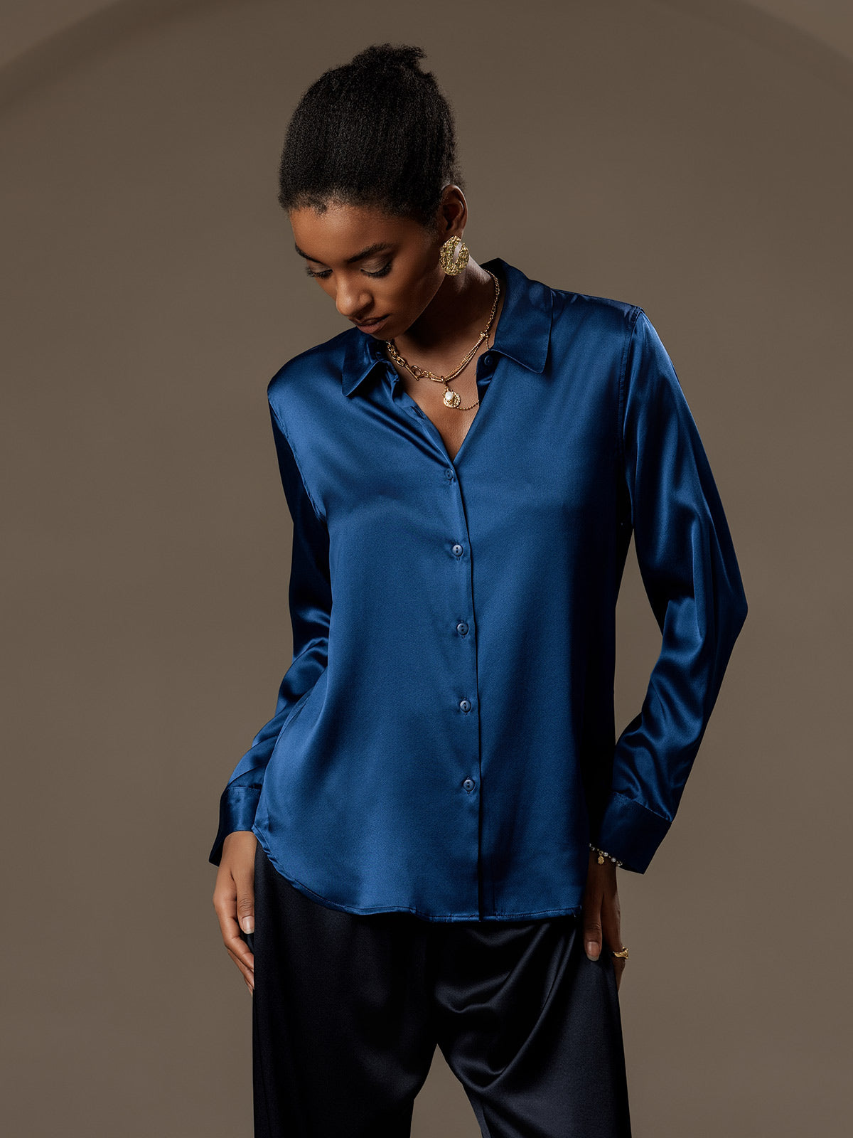 [Teal] SilkSilky-AU Silk Long Sleeve Collar Women's Shirt 005