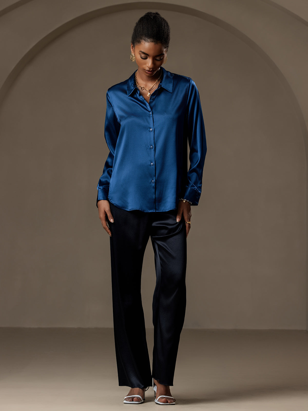 [Teal] SilkSilky-AU Silk Long Sleeve Collar Women's Shirt 006